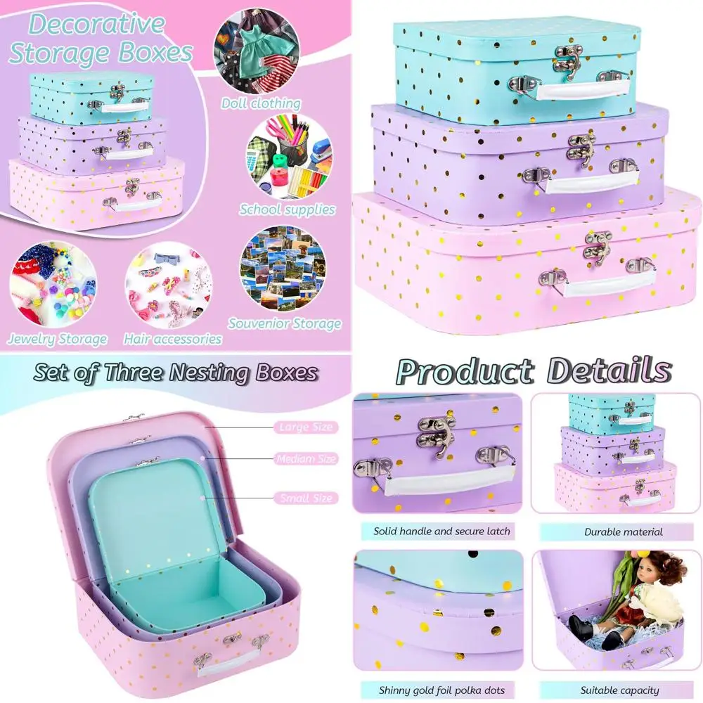 

Gold Foil Polka Dot Cardboard Suitcase Set: 3 Decorative Boxes for Photo, Gift, Home Decor, and Celebrations