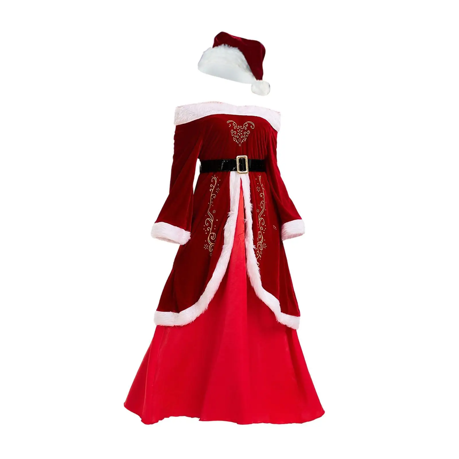 Mrs Claus Santa Costume Set for Women Novelty Fancy Dress Soft Dress Belt Hat for Roles Play Festivals New Year Parties Holidays