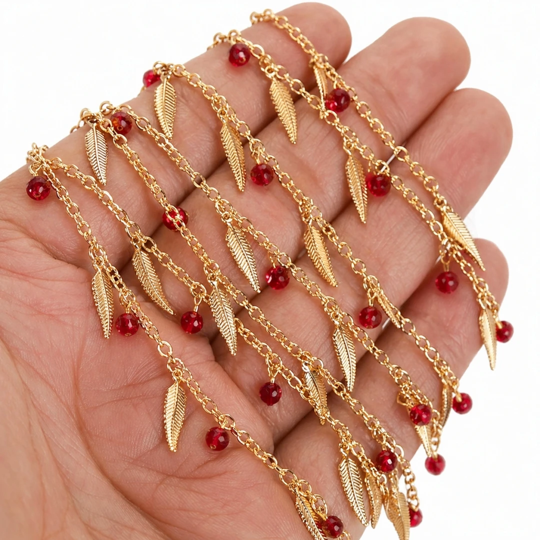 1 Meter 18K Gold Messing Schmuckherstellungskette mit roten Zirkonia-Feder-Anhängern für DIY Halsketten- und Armbandzubehör – Detail 2