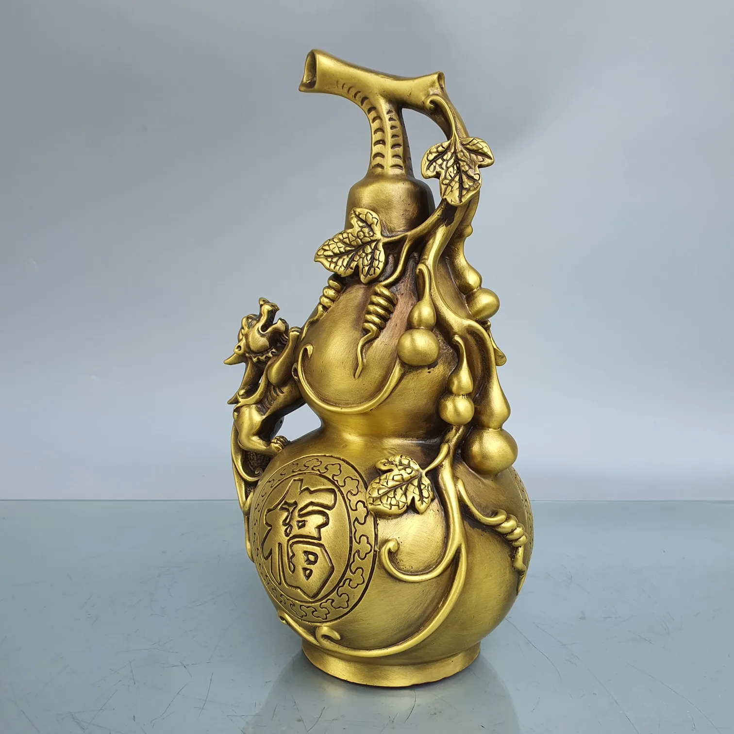 

13"Tibetan Temple Collection Old Brass Brave Troops gourd bless longevity melon vine Ingots Gather fortune ornament Town house