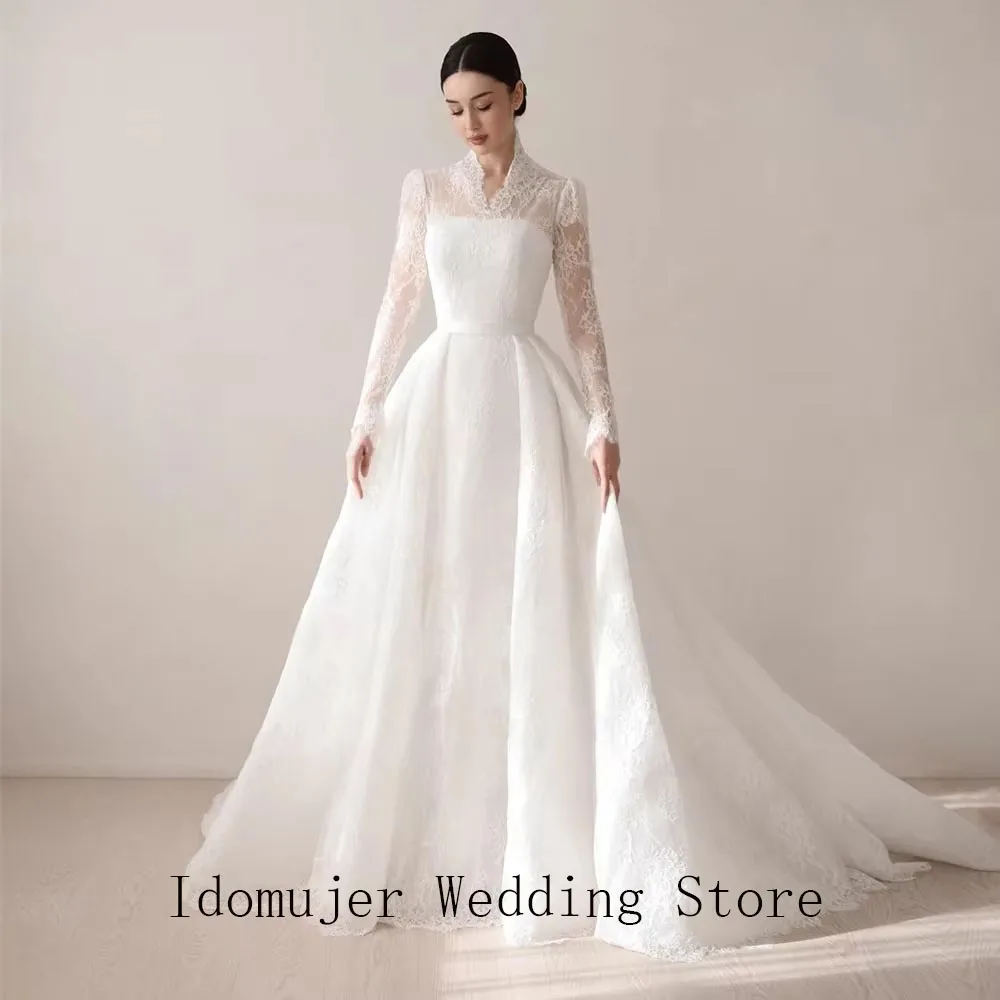 

Elegant A-Line Wedding Dresses High Neck Long Sleeves Lace Bridal Dress Wedding Prom Ball Gowns Customized Vestido De Novia