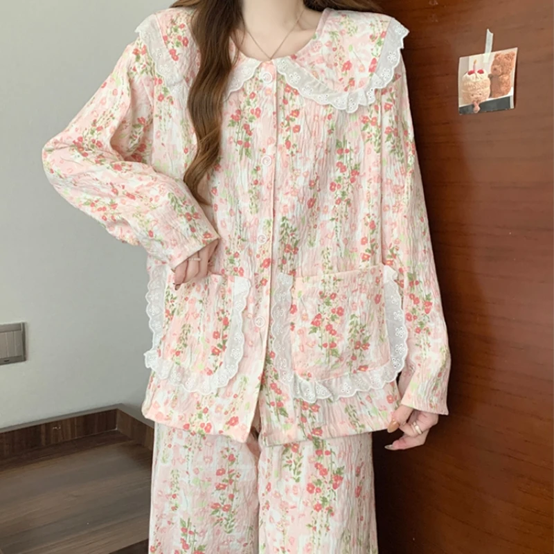 Pijamas de mujer con estampado de flores de estilo clásico chino, ropa de casa romántica y elegante de algodón con nube dulce, ropa de dormir para primavera y otoño 2025