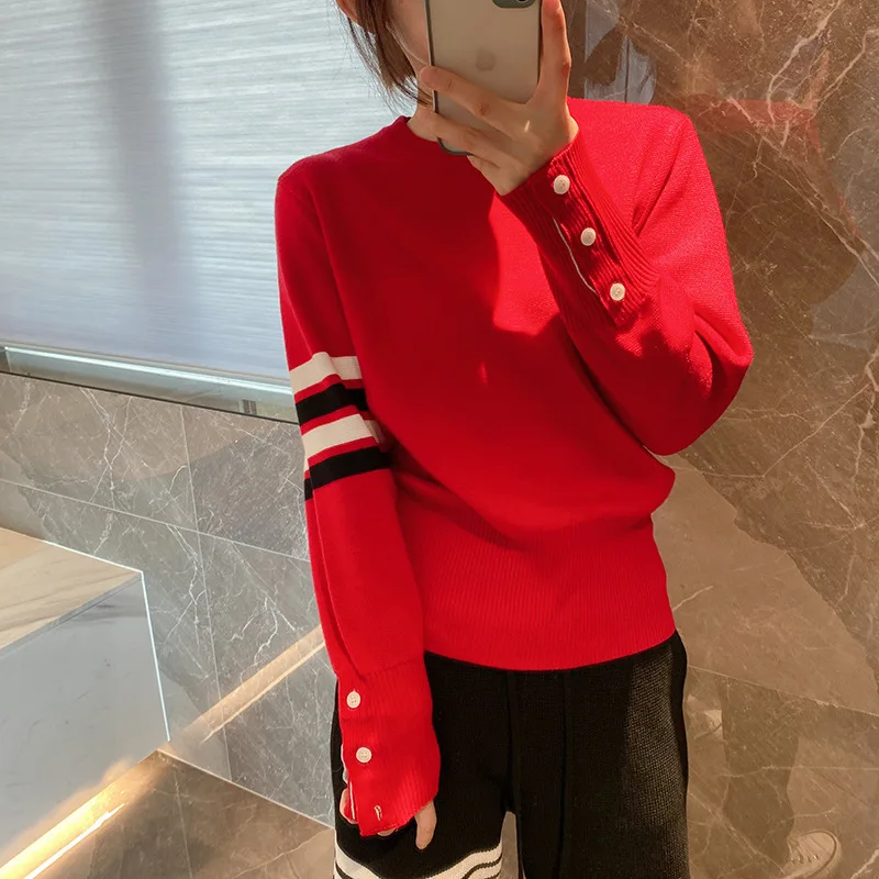 Simple Striped Design Christmas Casual Red Pullover Tops Harajuku Fashion Autumn Winter Loose Brand Knitted Women's Wool Sweater