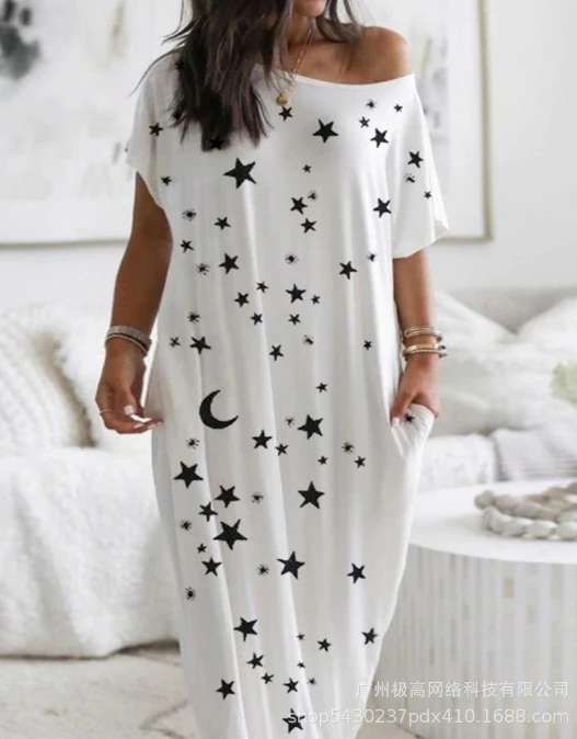 

Women's Casual Style Dress 2024 Spring Summer Latest Ceremony Print Single Shoulder 3/4 Sleeps At Home Maxi Dress Long Skirt