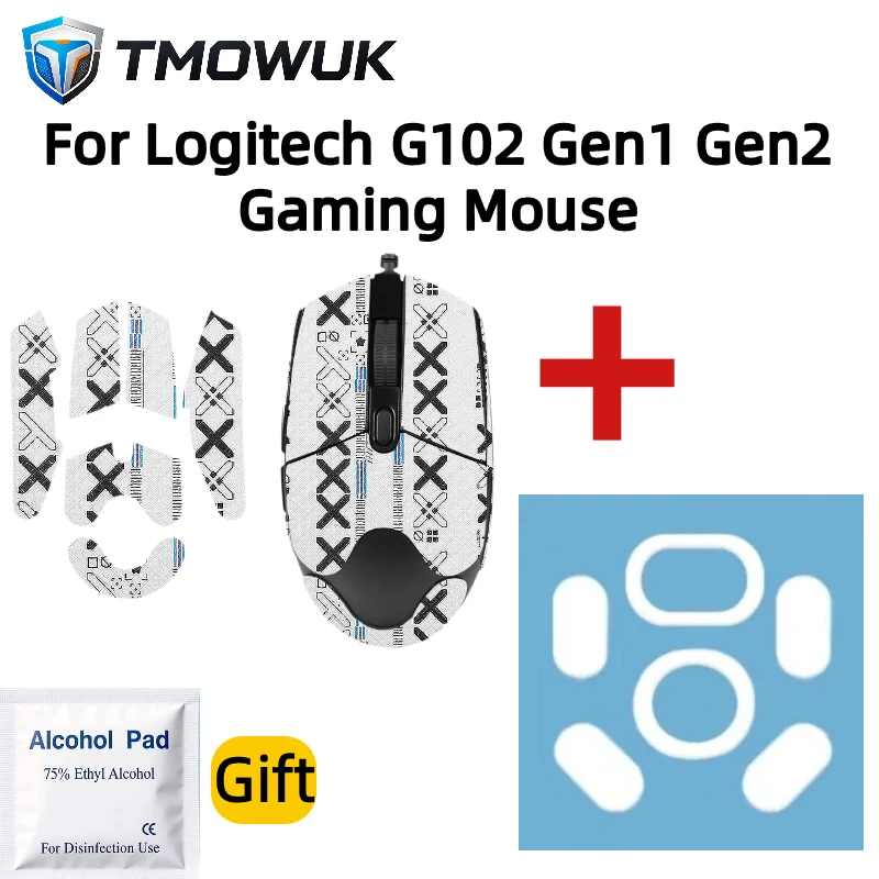 For Logitech G102 Gen1 Gen2 Gaming Mouse Anti-Slip Grip Tape & Mouse Skates Set Sweat Resistant Sticker With Alcohol Pad Gift