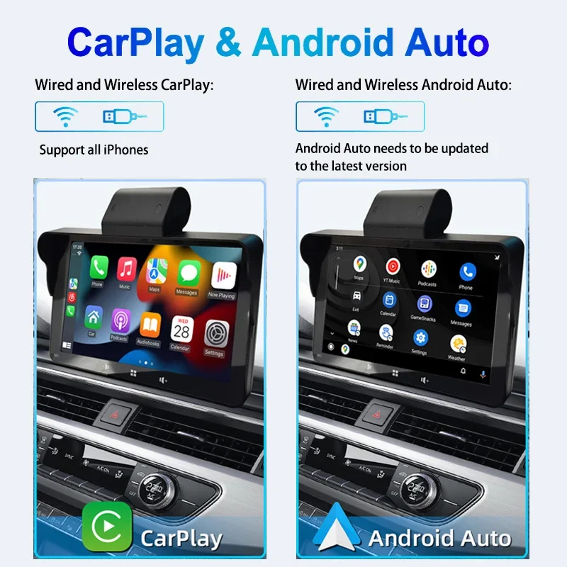7 Inch Wireless Carplay Android Auto Touch Screen Multimedia Player with Digital Video Recorder DVR Rear View AHD Camera