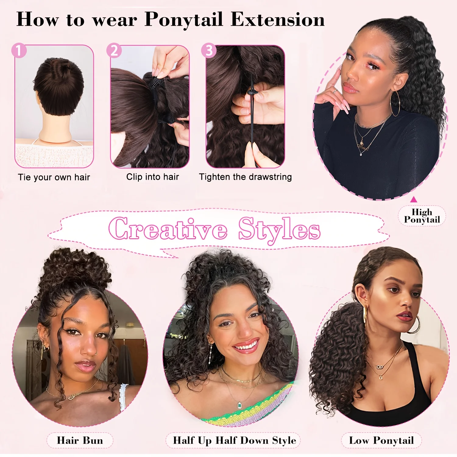 Extensão de rabo de cavalo encaracolado com cordão para mulheres 14/18/22 Polegada sintético longo encaracolado ondulado clipe em rabo de cavalo extensão de cabelo