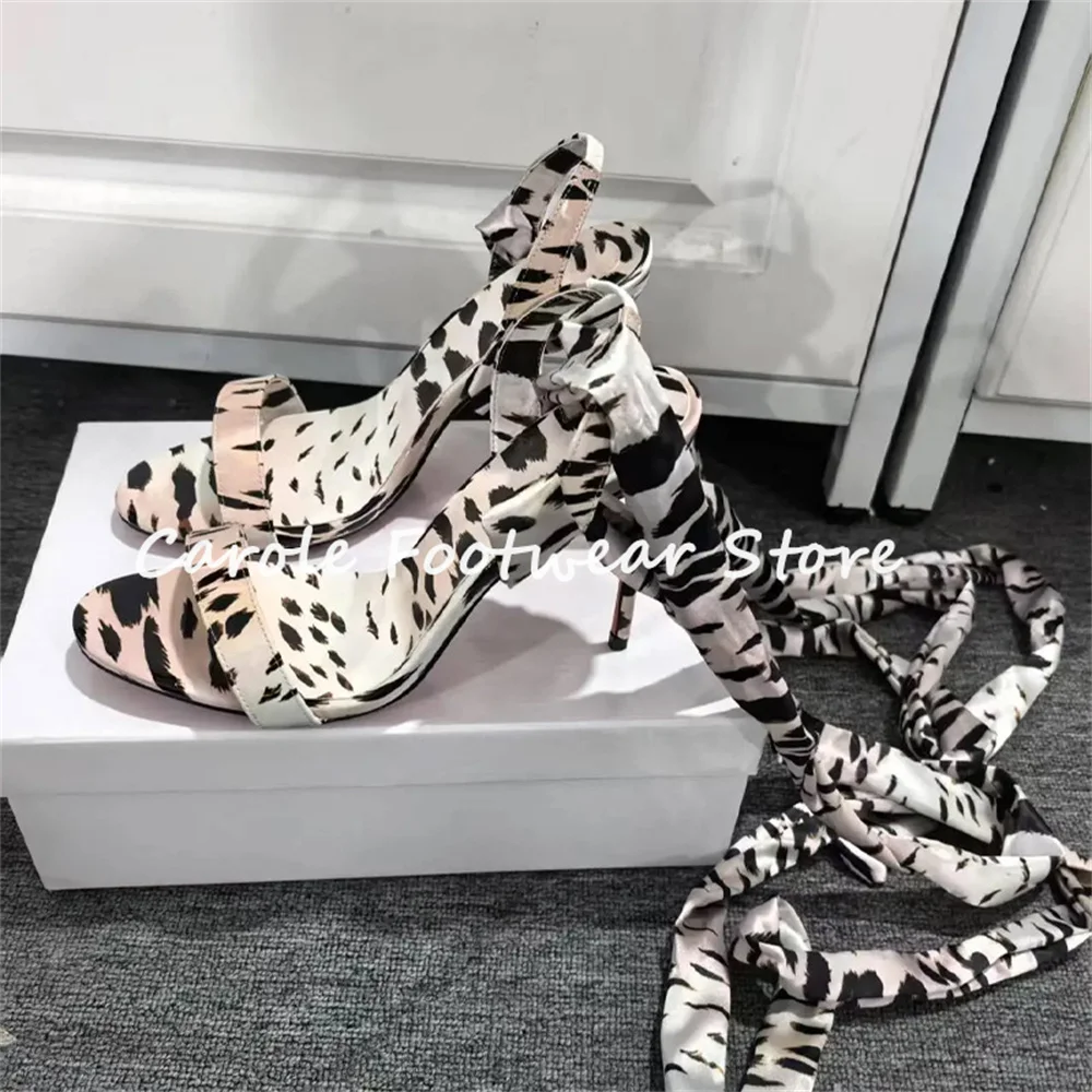 

Sexy Leopard Print Peep Toe High Heel Women Sandals Ankle Silk Cross Strap Stiletto Pumps Summer Lady Catwalk Party Dress Shoes