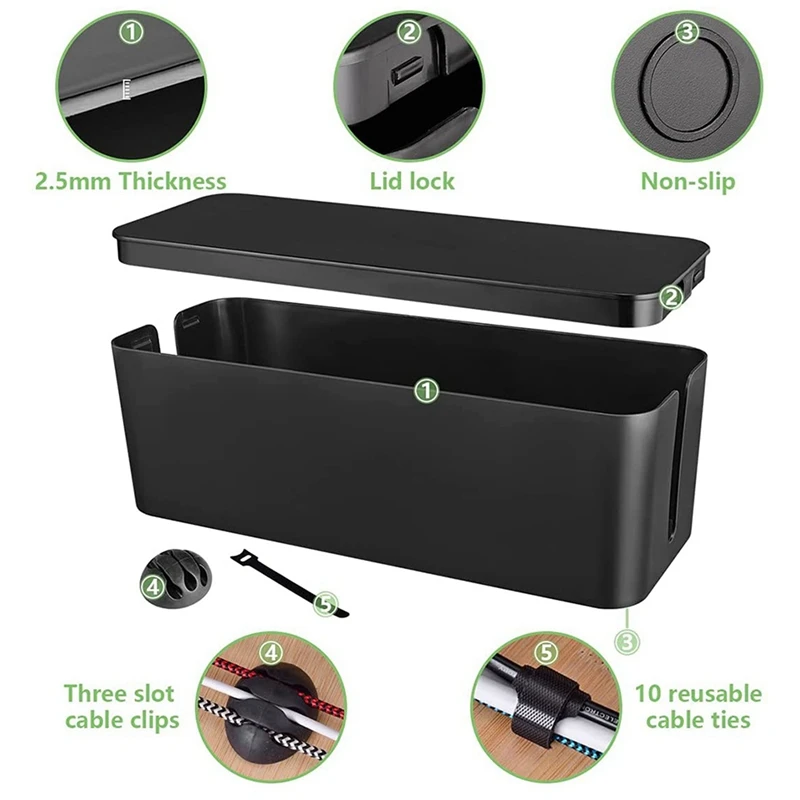 2X Cable Management Box, Wire Storage Box, Used To Hide The Power Strip, Suitable For Home/Office (Black)
