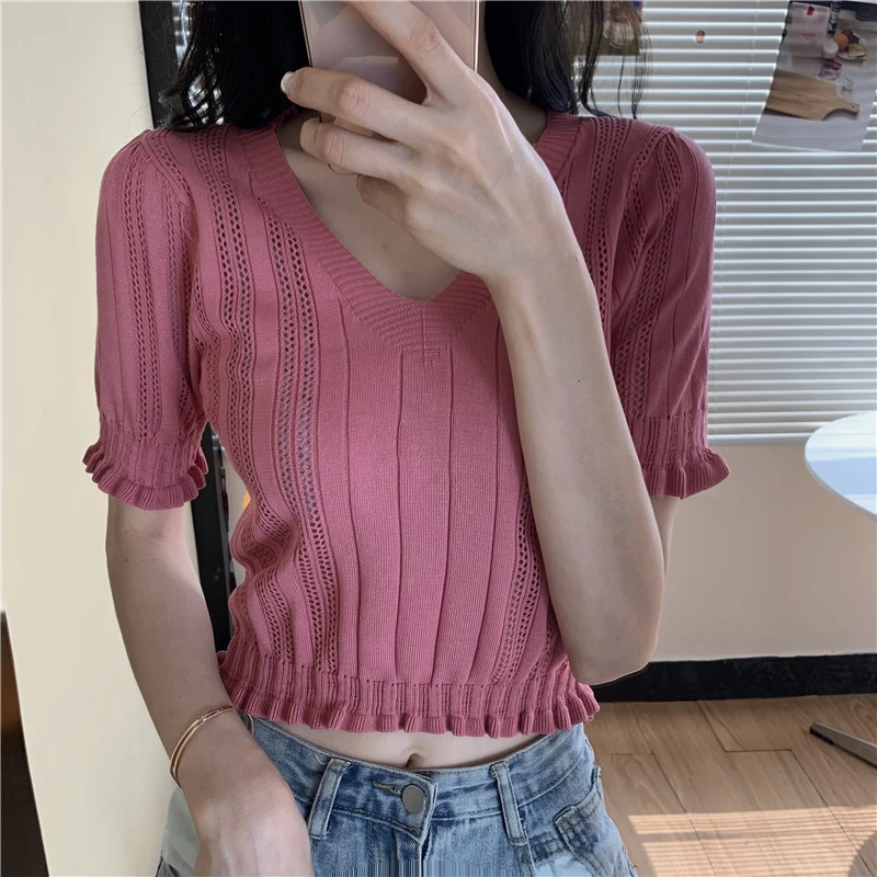Haut court en tricot à froufrous pour femmes, pulls à col en V à manches courtes, tenue esthétique pour adolescentes, Y-été, Y2K