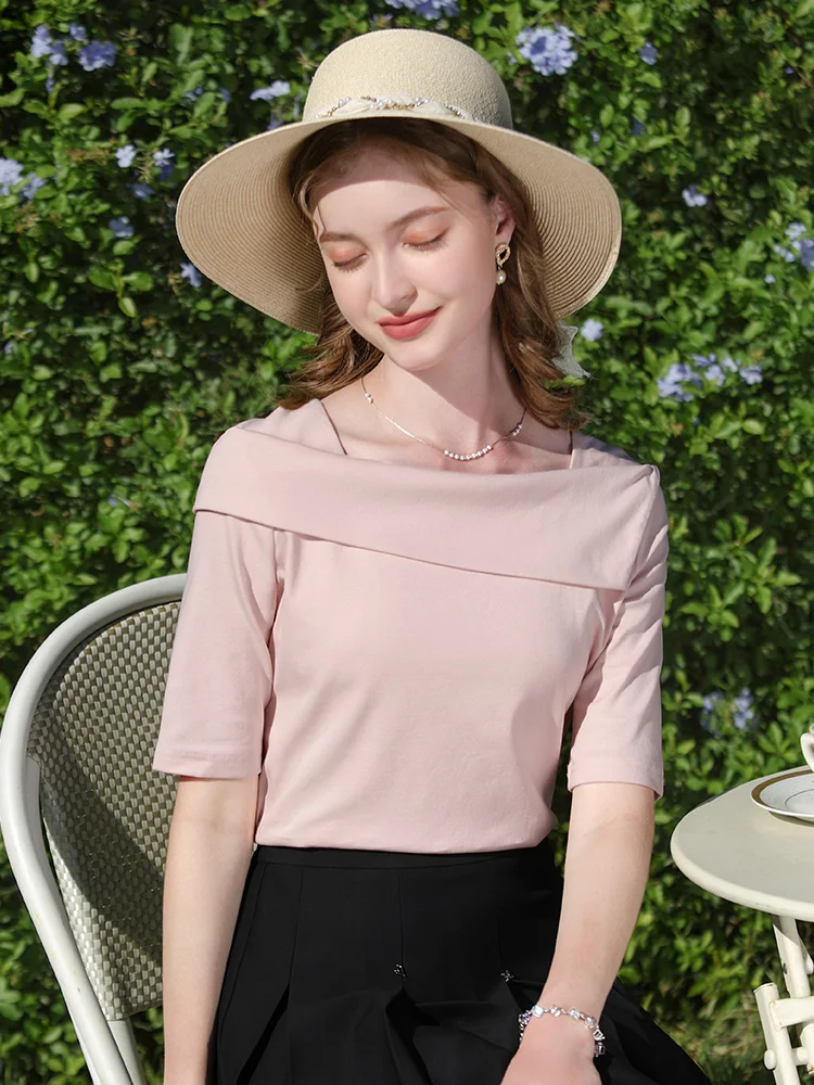 I BELIEVE YOU Gentle T-shirts For Women 2024 Summer New Square Neck Half Sleeve Chic Slim Pure Desire Minimalism Tops 2241015520