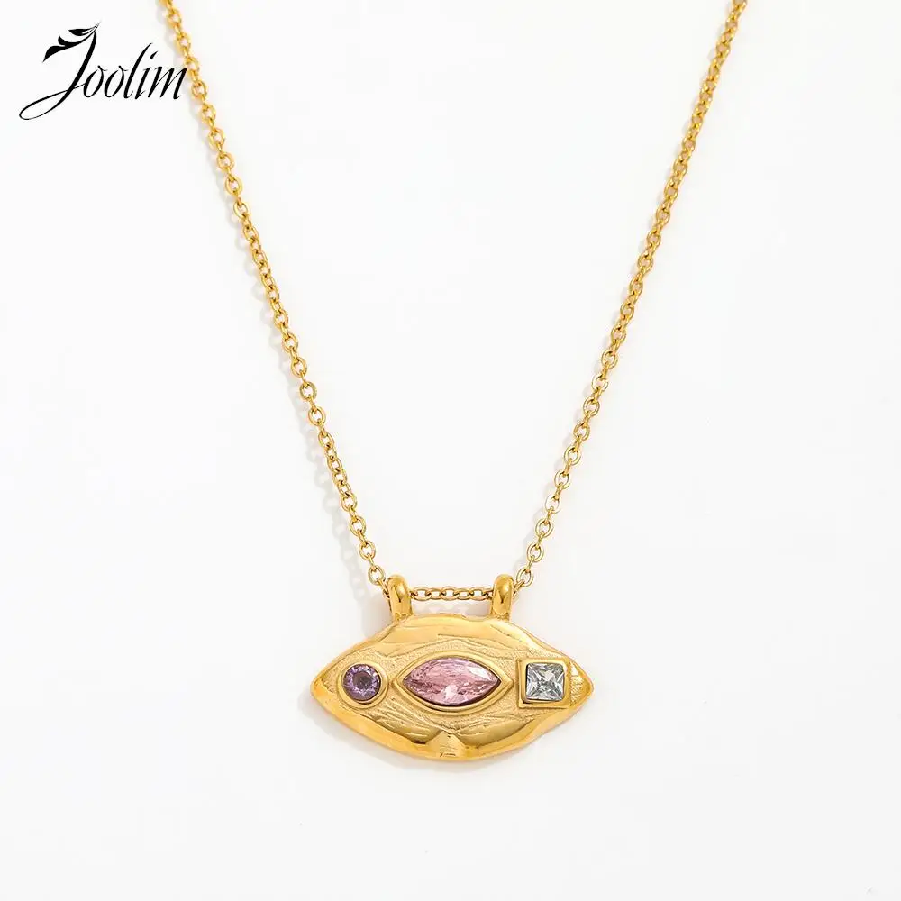 Joolim Jewelry Wholesale Fashion Dainty Purple Round Clear Square Pink Eye Lip-shaped Pendant Stainless Steel Necklace for Women