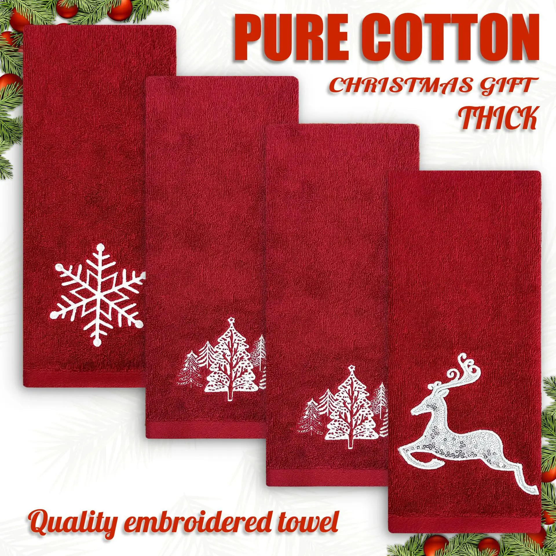 Christmas Towel Double-Sided Terry Sequins Embroidered Elk Embroidery Christmas Tree Snowflakes Thickened Absorbent Cotton Towel