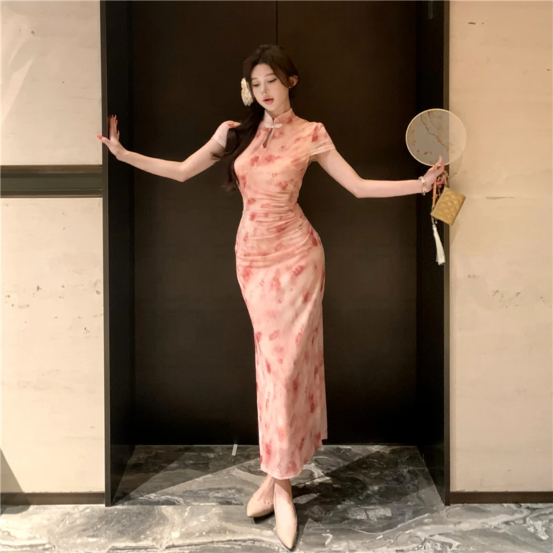 

Ele Chinese Sle Long Qipao Dr Hollow out Waist Design Slimming Bodycon Skirt ort Sve Floral Print Daily Wear