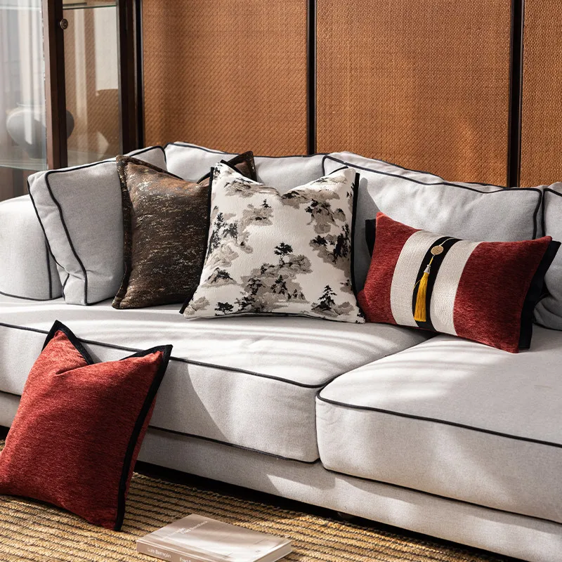 Luxury Oriental Pillow Cover Set | Jacquard Ink Painting & Chenille Cushion Cases | Modern Chinese Style Sofa Bedroom Decor