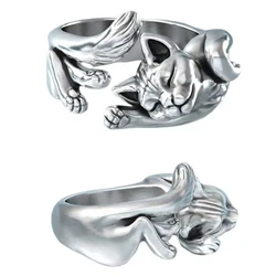 Vintage Silver Color Cat Ring For Men Women Opening Ring Lucky Cat Finger Rings Party Jewelry Cute Pet Ring Gift