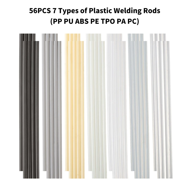 56PCS 7 Types of Plastic Welding Rods(PP PU ABS PE TPO PA PC) Plastic Welding Kit for Car bumper Kayaks plastic welder gun