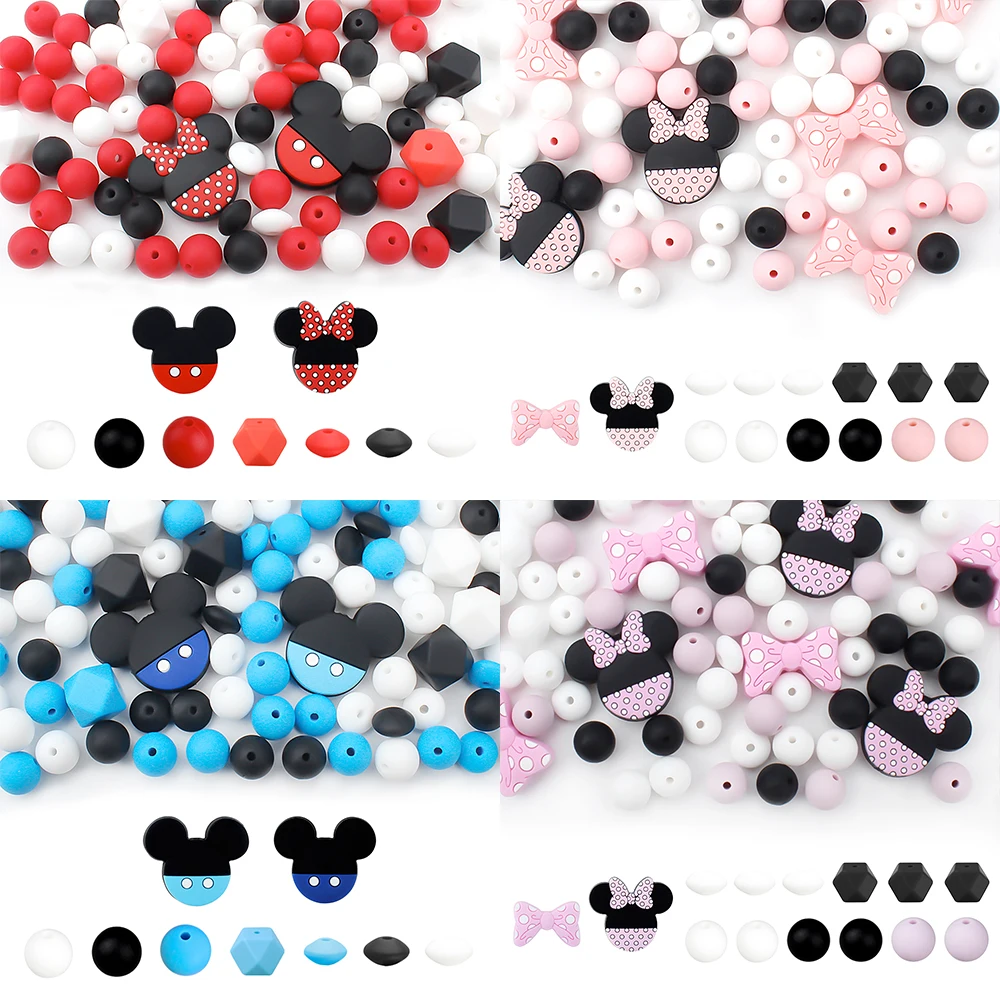 35Pcs/Set Bow Tie Silicone Beads Mouse Focal Round Lentil Loose Beads DIY Keychain Pendant Pen Jewelry Handcrafts Accessories