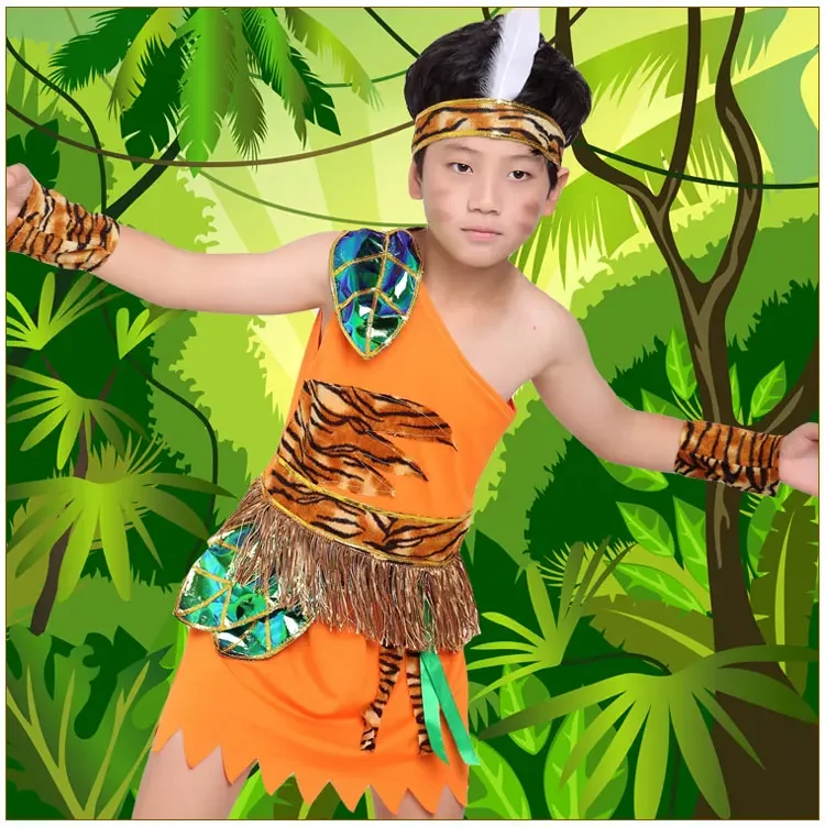 Halloween Party Cosplay Kostüm Kinder Savage Caveman Kostüme Junge Leopard Afrikanische Tribal Hunter Indische Kleidung Mädchen Junge