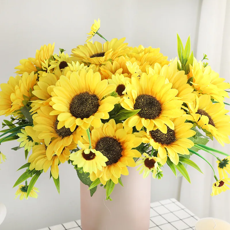 1 bunch 40cm Beautiful 7 Flower Heads Artificial Sunflower Branch Silk Flower Home Decor Room Table Garden Decoration F972