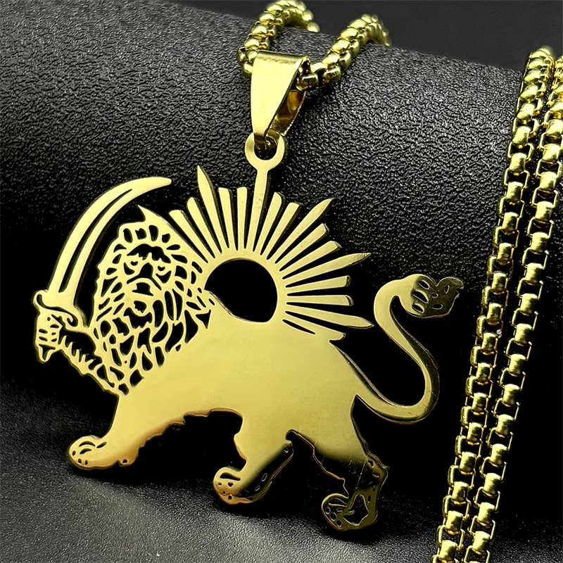 Iran Islamic Sword Lion of Persia Shamshir Pendant Necklace Women Men Stainless Steel Gold Color Arabic Iranian Chain Jewelry
