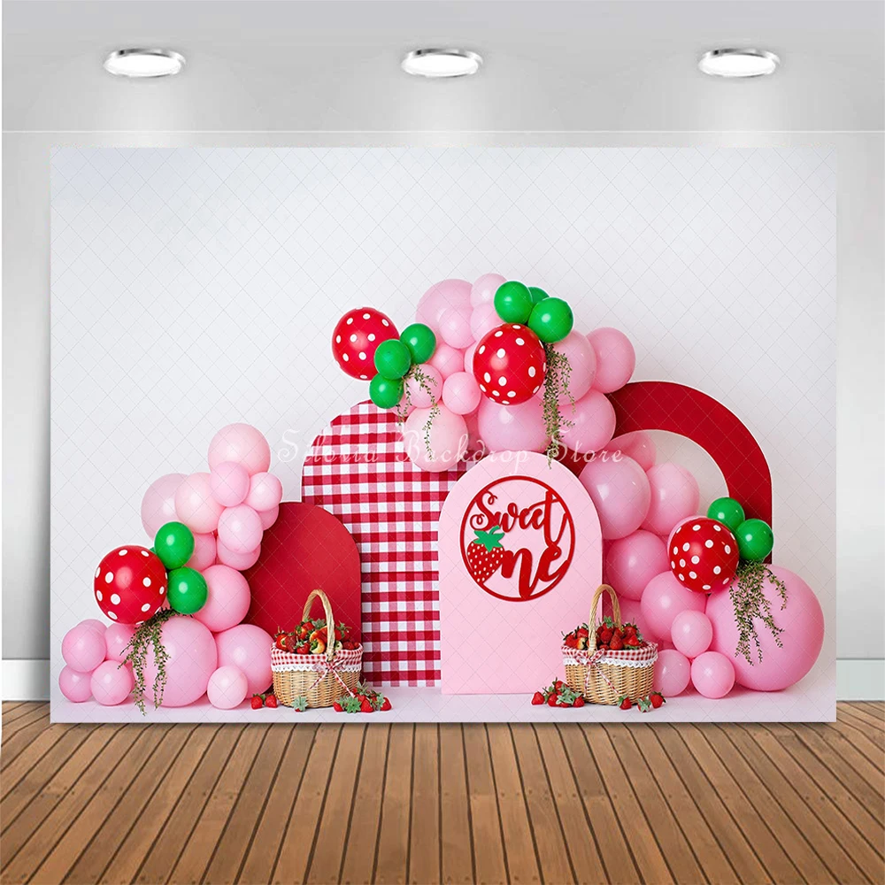 Strawberry Sweet One Red and Pink Photo Background Baby Birthday Cake Smash Photography Backdrop Portrait Photo Studio Props