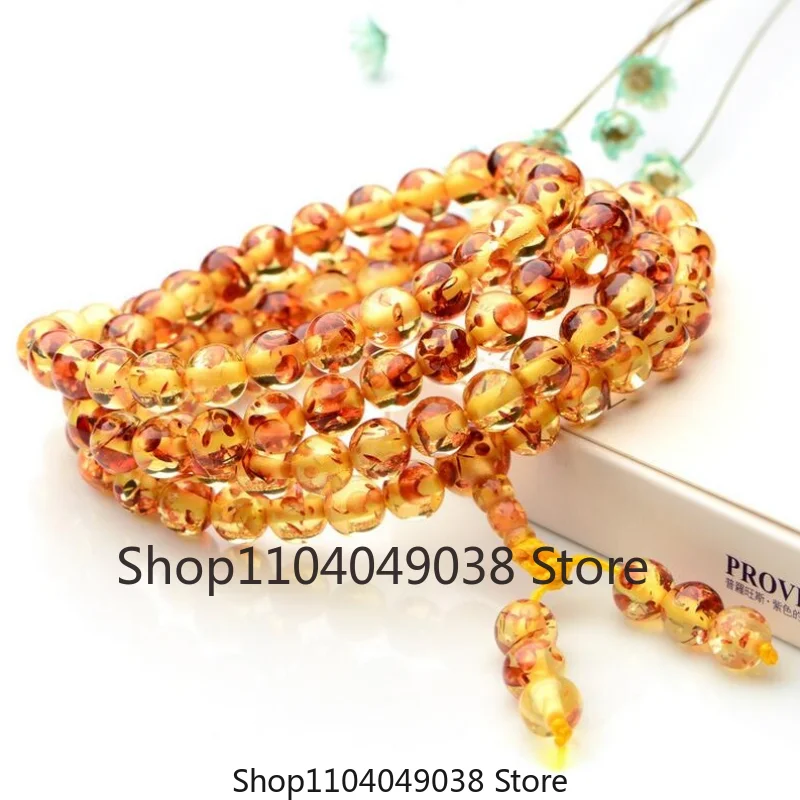 Natural Water Purification Amber Beeswax Hand String Beeswax Amber 108 Round Bead Flower Perdo Circle Couple Bracelet