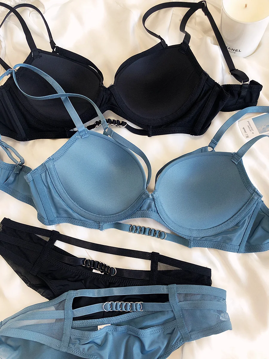 Sexy Glossy bra and panty set soft steel ring underwear upper thin gathered paired breasets lingeries briefs plus size