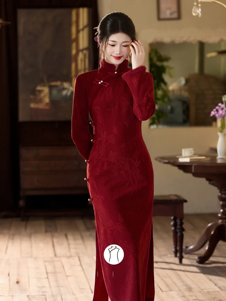 

Красное новое китайское пальто из шерсти для зимы, утепленное, для свадьбы, помолвки и торжеств, с длинными рукавами, полной длины