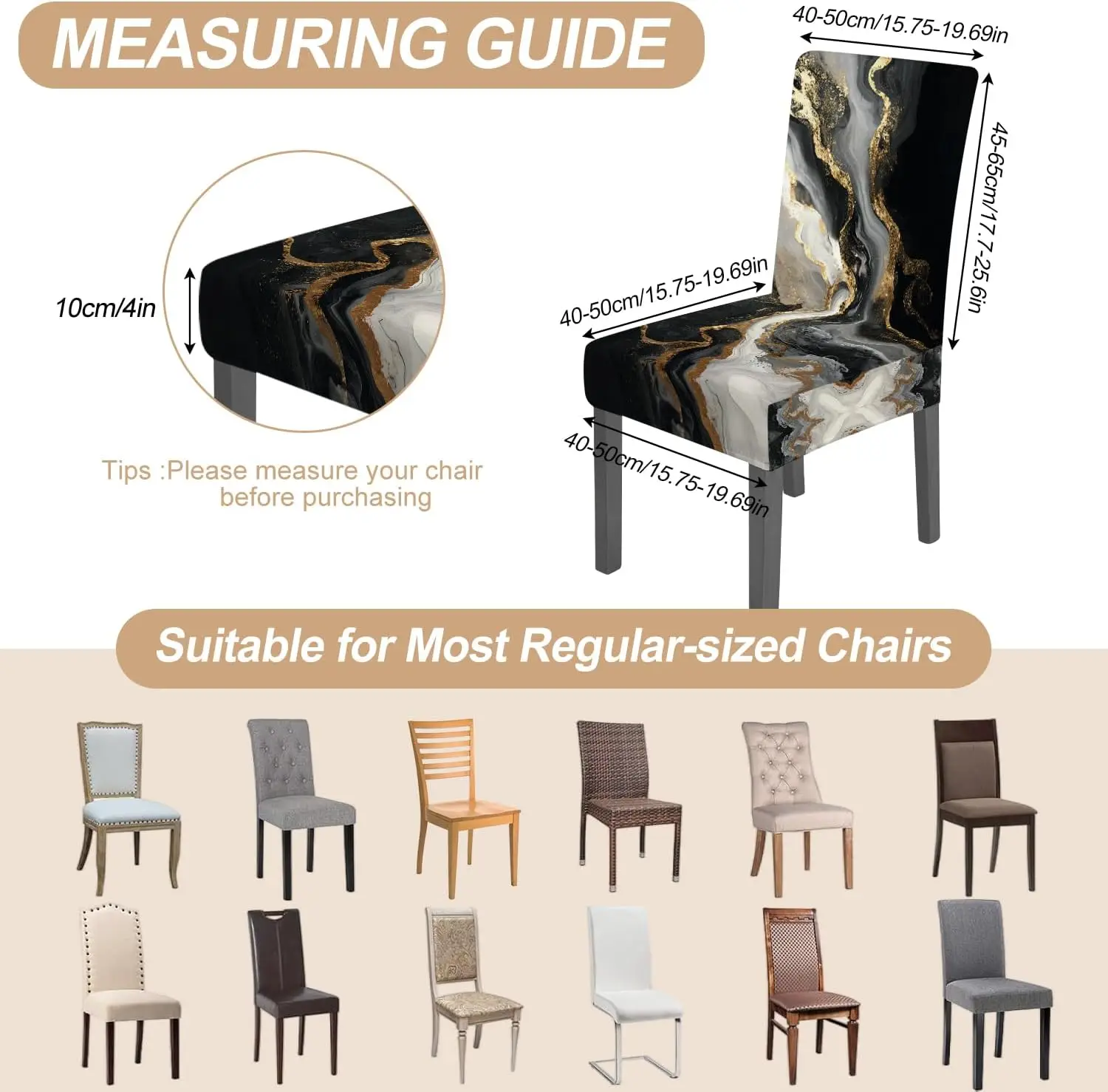 Black White Gold Marble Stretch Dining Chair Cover 1Pc, Anti-dust Seat Protector Slipcover for Kitchen Party