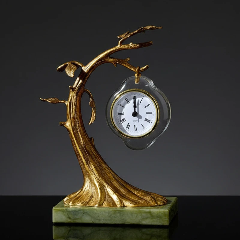 Creative Golden Tree Desk Clock Transparent Wall Clock Greenstone Base Retro Living Room Art Ornament