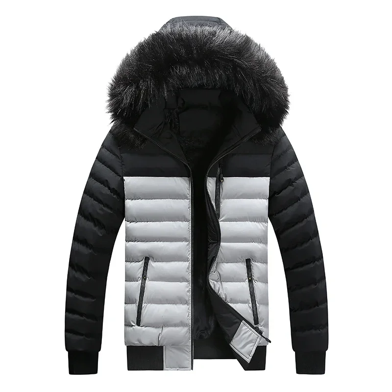 2024 Winter Parka Men's Casual Thick Warm Big Wool Collar Hooded Coat Male Retro Splicing Windproof Down Cotton Padded Jacket