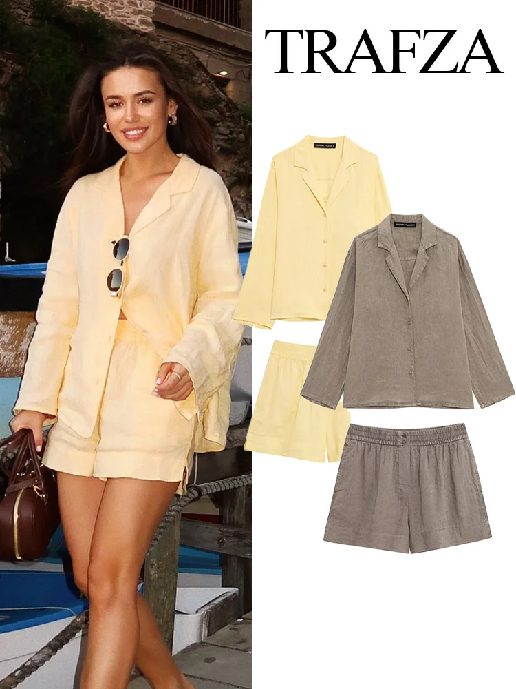 

TRAFZA Women Fashion Single-Breasted Long Sleeves Lapel Solid Shirt Top+Summer Chic Elastic Waist Pocket Decorate Casual Shorts