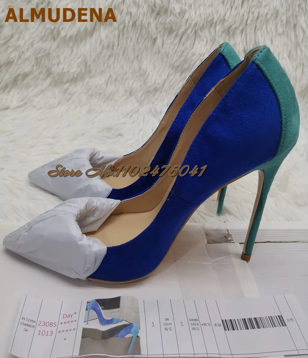 ALMUDENA Scarpe con tacco alto patchwork in pelle scamosciata blu royal turchese 12 cm 10 cm 8 cm Tacchi a spillo Colore misto Décolleté poco