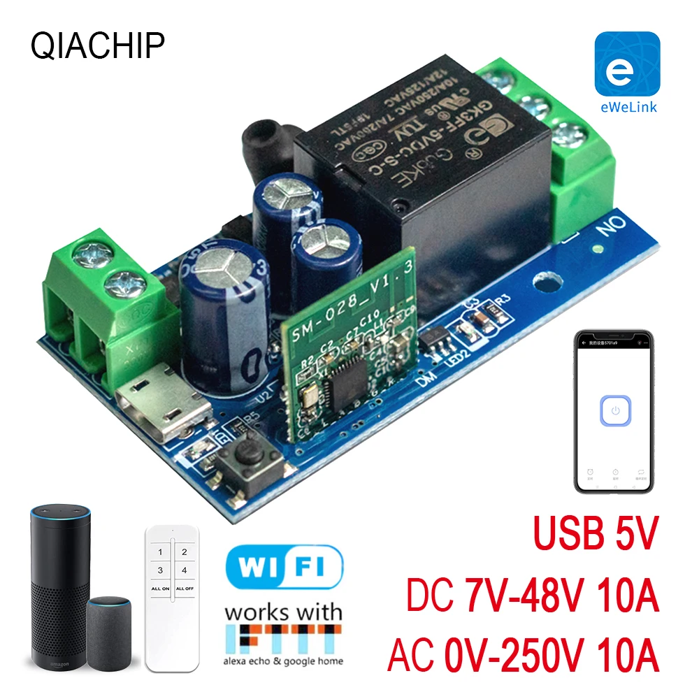 WiFi Smart switch 10A AC 0-250V USB 5V 1 CH 2.4G QIACHIP RC con eWelink app adatto per motori per tende porte da Garage luci a LED