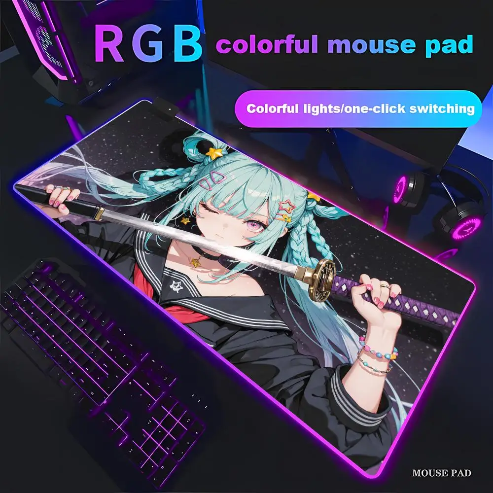 

Sweet Girl Samurai Animation Beautiful RGB Gaming Mouse Pad HD Gamer Large LED Light XXL MousePads PC Computer pad Decor