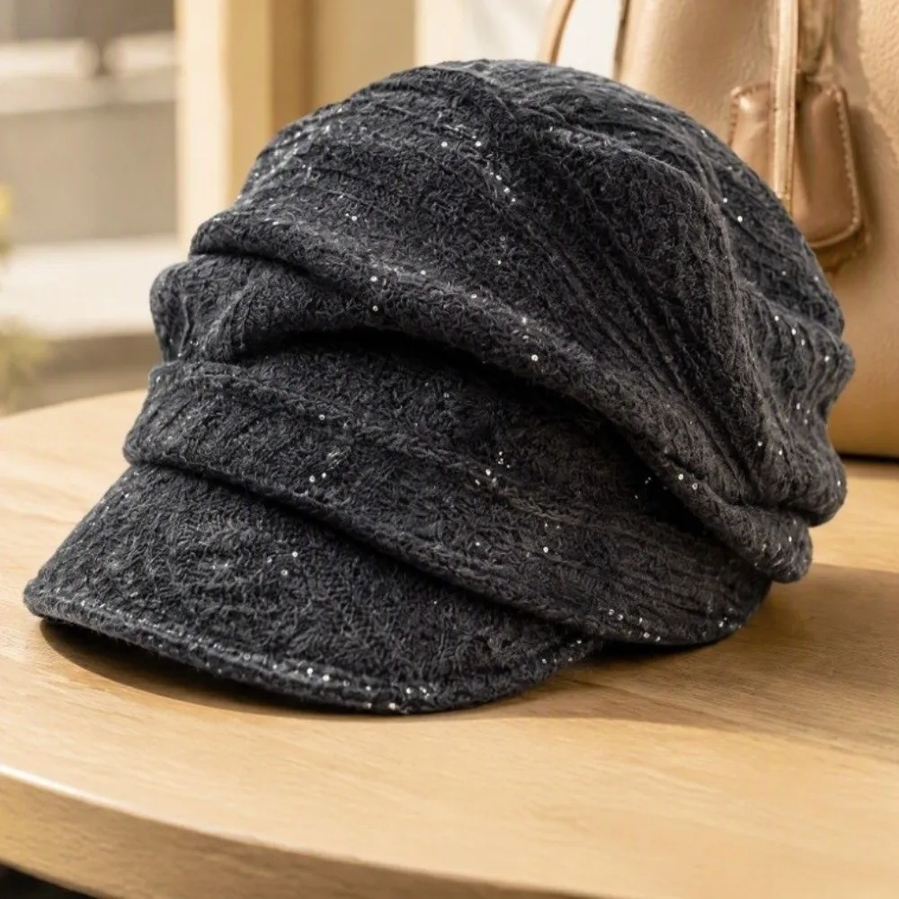 Fashion Soft Newsboy Beret Hat Breathable Shimmer Dots Decor Visor Hat Foldable Stretchy Knit Beanie Autumn