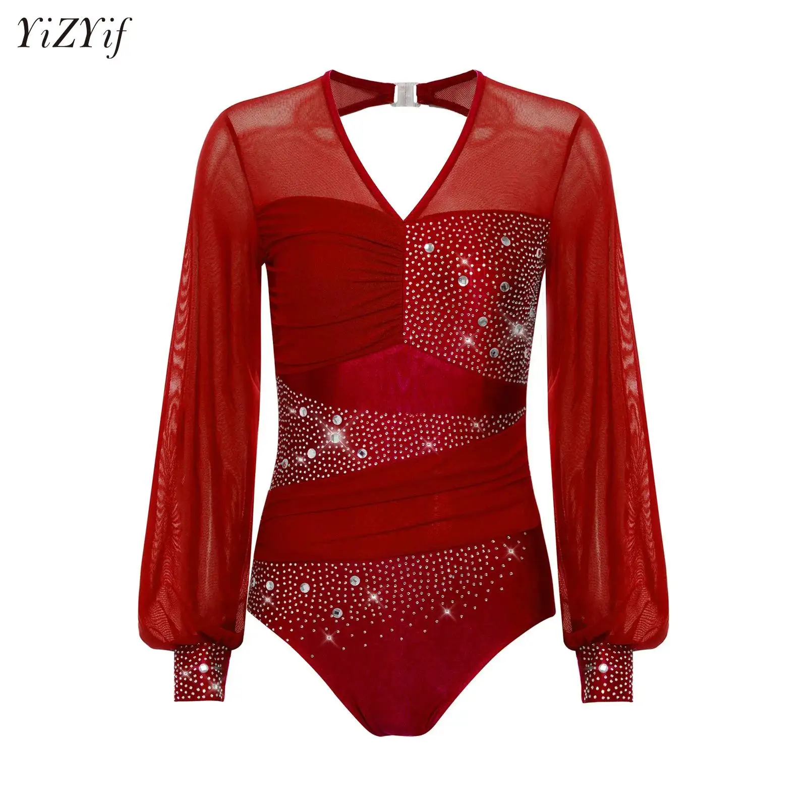 

Womens Shiny Rhinestone Leotard Jumpsuit Bodysuit Jazz Dance Leotard Figure Ice Skating Ballet Performance Dancewear Costume