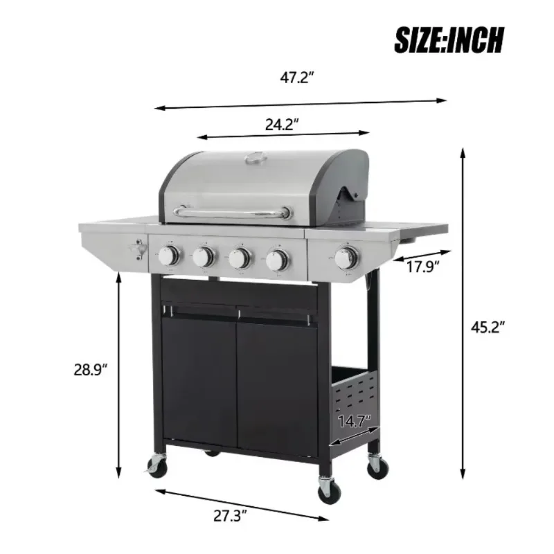 

Propane grill 4 burner grill Stainless steel grill with side burner and thermometer for outdoor grilling, camping