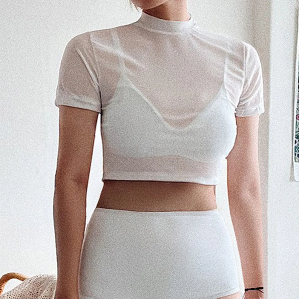 Comfy Women T-shirt Female Mesh Round Neck Regular Short Sleeve Solid Color Spring Summer Temperament Commuting