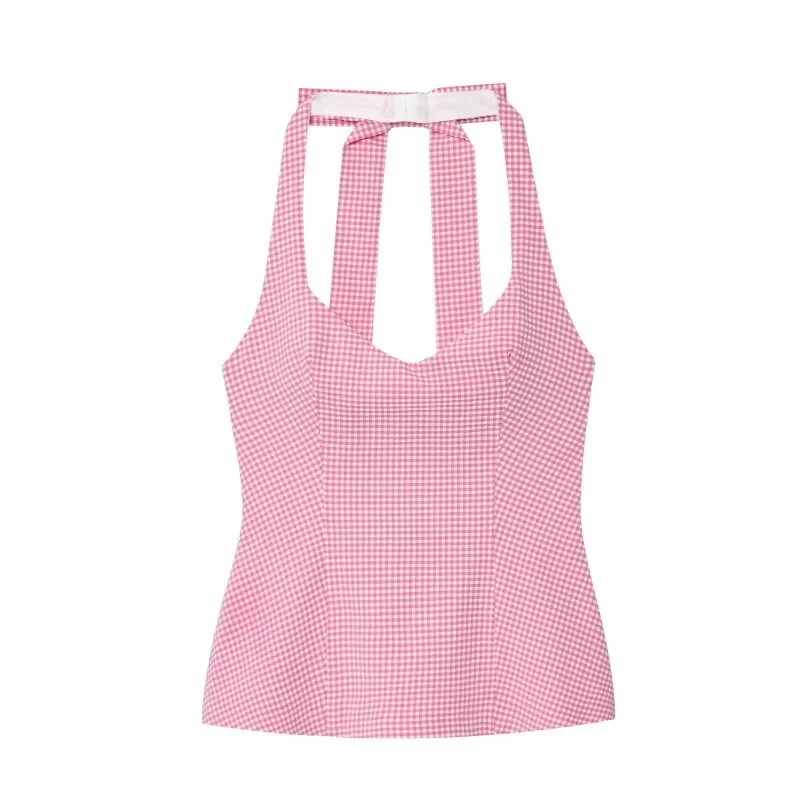 Cute Pink Gingham Halter Top for Women Spring Summer Bow Tie Sleeveless Backless Tank Top Casual Streetwear Going Out Tops