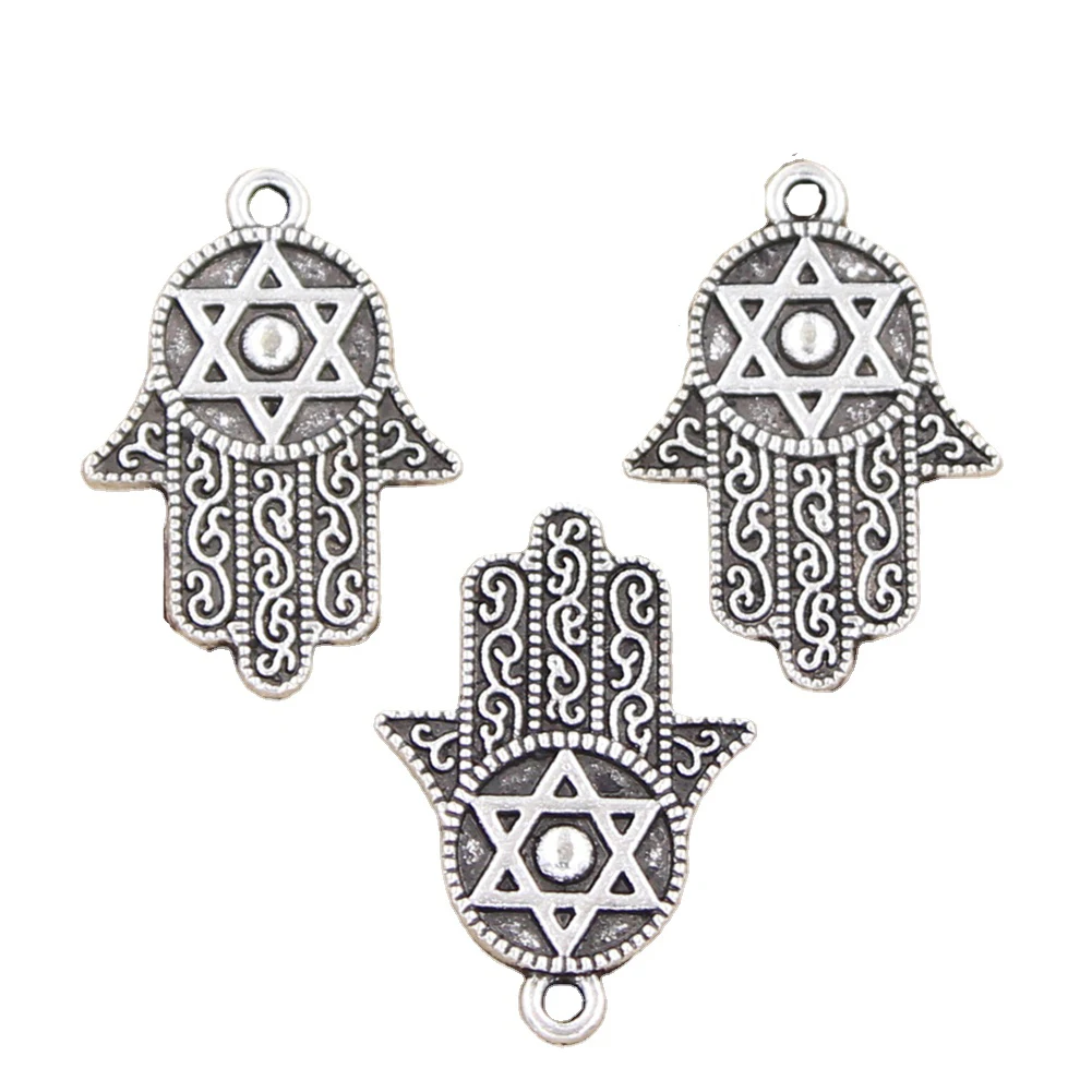 6pcs Charms Hamsa Palm Fatima Hand Star Of David 28x19mm Antique Silver Color Pendants DIY Handmade Tibetan Finding Jewelry