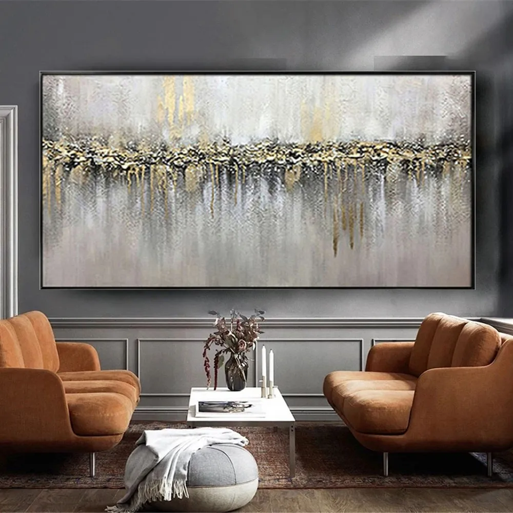 Nordic Room Decor Art Paintings Handmade Acrylic Oil Painting On Canvas Gold Abstract Horizon Wall Art Pictures For Living Room