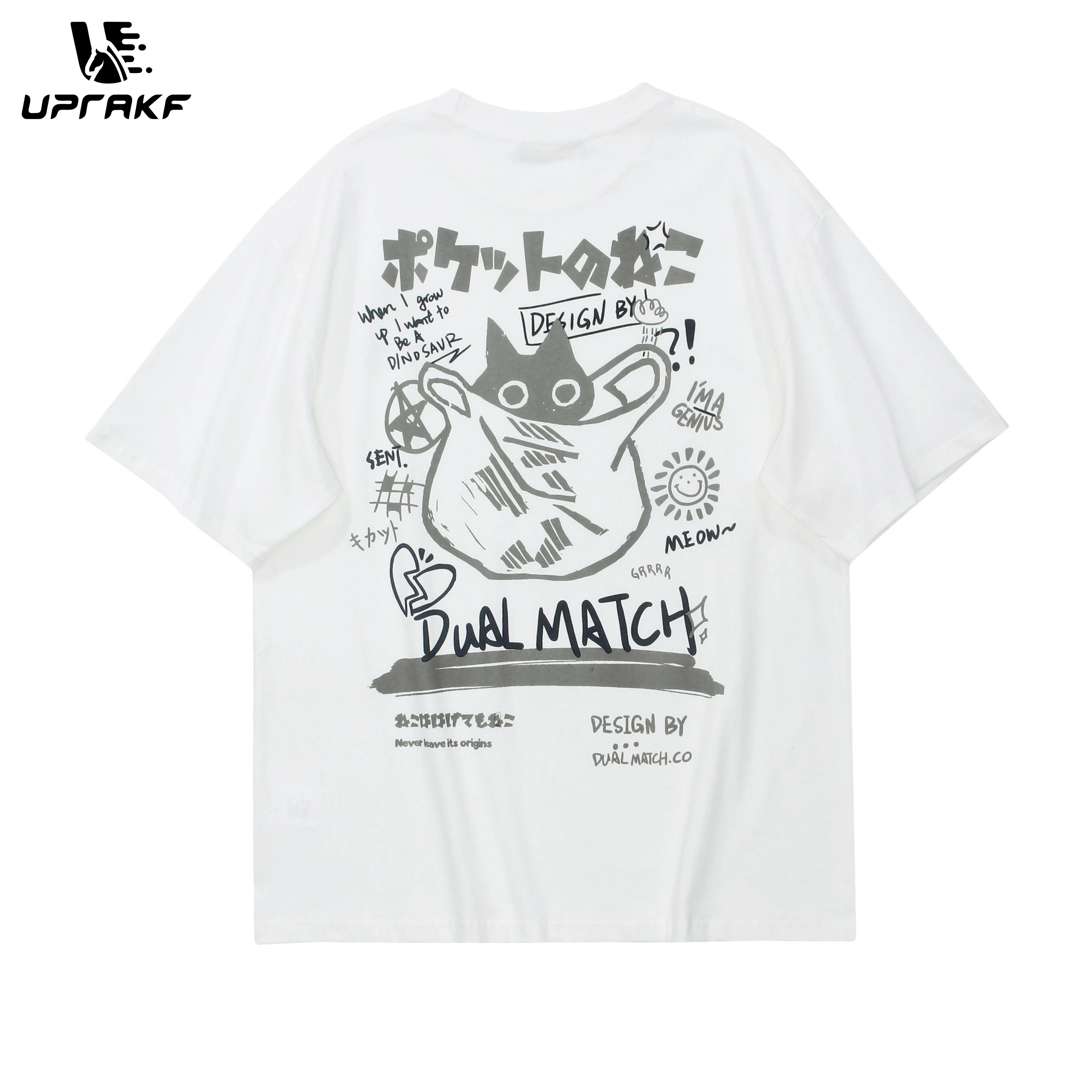 UPRAKF Streetwear Men Hip Hop T Shirt Japanese Kanji Funny Cat Printed Harajuku Cotton Casual Short Sleeve Tops Tees Loose