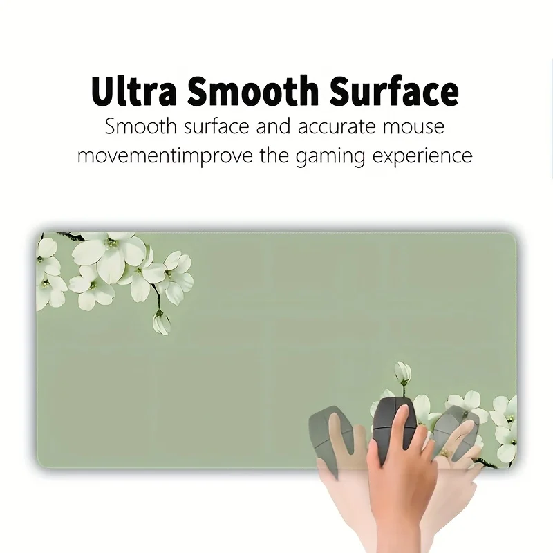 Extra Large Rectangular Green Floral Desk Mat, Non-Slip Durable Rubber Mouse Pad with Locked Stitch Edge, HD Print