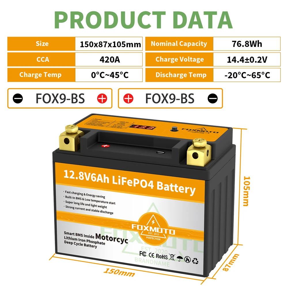 FOX9-BS-batería de arranque para motocicleta, 12,8 V, 76.8Wh, CCA 420A, BMS, 12,8 V, litio, fosfato de hierro, Scooter, LiFePO4, YTX9-BS