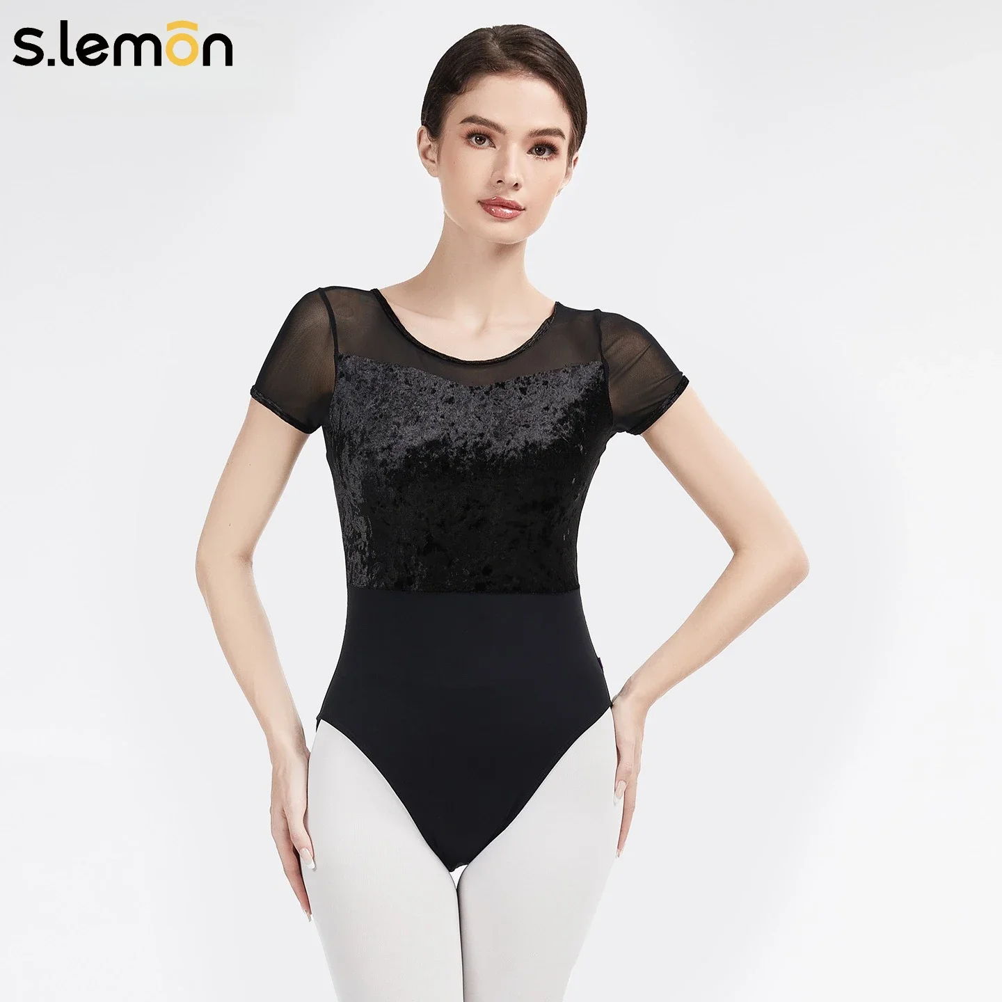 slemon-adult-ballet-leotardsblack-velvet-short-sleeve-mesh-lace-dance-leotard-cutout-backless-top-for-kids-adult-women-girls