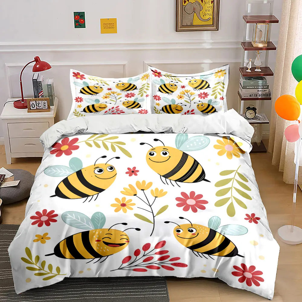 Cartoon bees and floral decor Printed Duvet Cover Set 1 Duvet Cover+2 Pillowcase Multi Size Bedroom Bedding Decoration