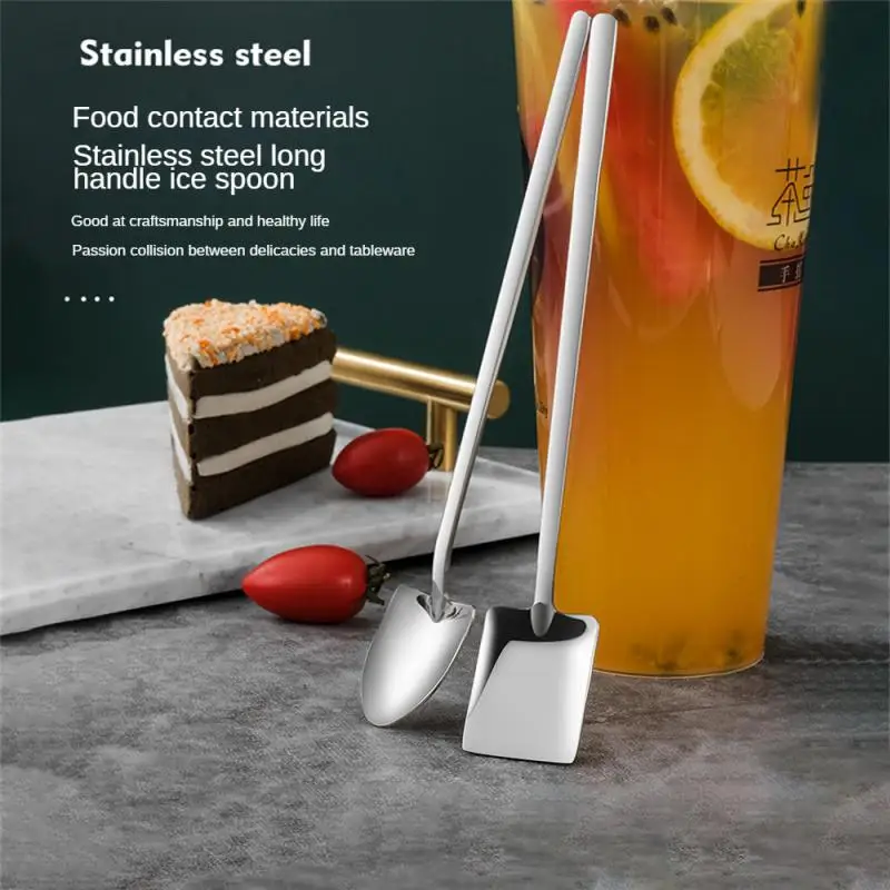 1/2pcs Stainless Steel Ice Cream Coffee Spoon Shovel Shape Tea Dessert Cake Long Handle Spoon Square Tableware Kitchen Tools