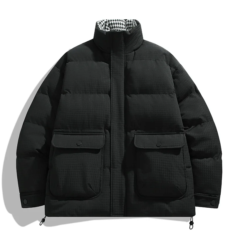 Winter Man Down Jacket Thicken Warm Plaid Patchwork Male Outerwear Vintage Stand Collar Long Sleeve Pocket Zipper Men Coat